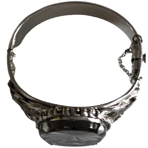 Silver Whiting & Davis Gray Starburst Glass Oval Stone Hinged Bracelet 7” - Picture 7 of 10